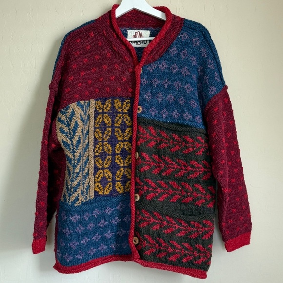 Amano Hand Knitted Multicolor Patchwork Wool Chunky Cardigan Sweater Medium - Picture 1 of 9